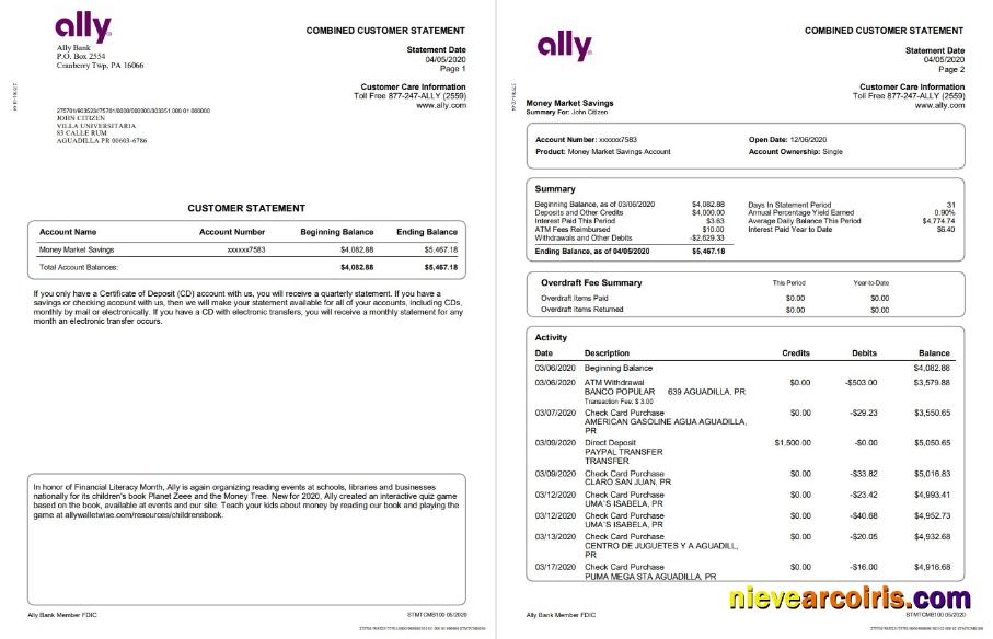 USA Ally Bank statement in Word and PDF format (4 pages)